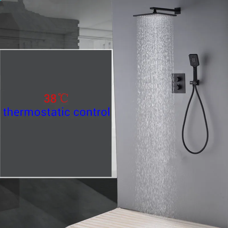 Bagnolux Unique Matte Black Thermostatic Faucets Set Thermostat Bathroom Rain Shower Diverter System With Plastic HandShower