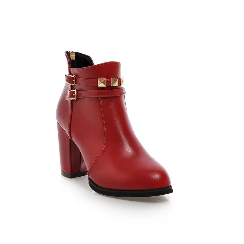 Большой размер 48, ботинки женские модные ботильоны с пряжкой для женщин, повседневные женские ботинки на Высоком толстом каблуке из искусственной кожи туфли с заклепками - Цвет: wine red