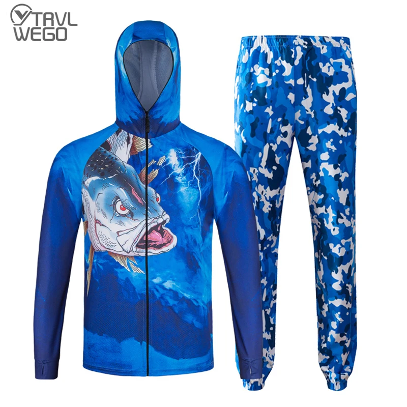 

TRVLWEGO Ultra-Light Hooded Fishing Shirts&Pants Set Avoiding Mosquito Quick Dry Sun Protection Fishing Anti-UV Clothes