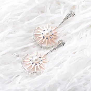 

gNpearl Sun Moon Freshwater Round Pearl Earrings natural Elegance pearl Banquet Drop earrings 925 Sterling Silver jewelry