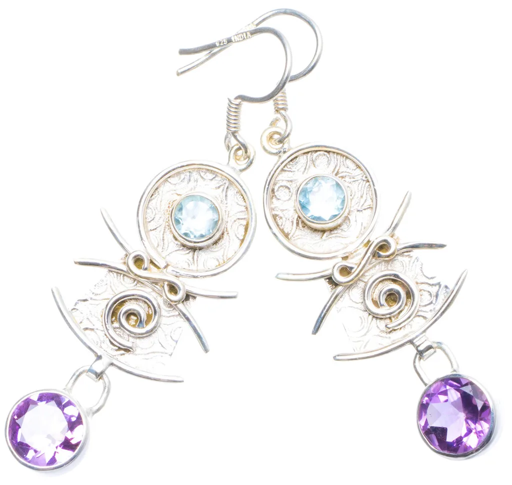 

Natural Amethyst and Blue Topaz Handmade Unique 925 Sterling Silver Earrings 2" X4741