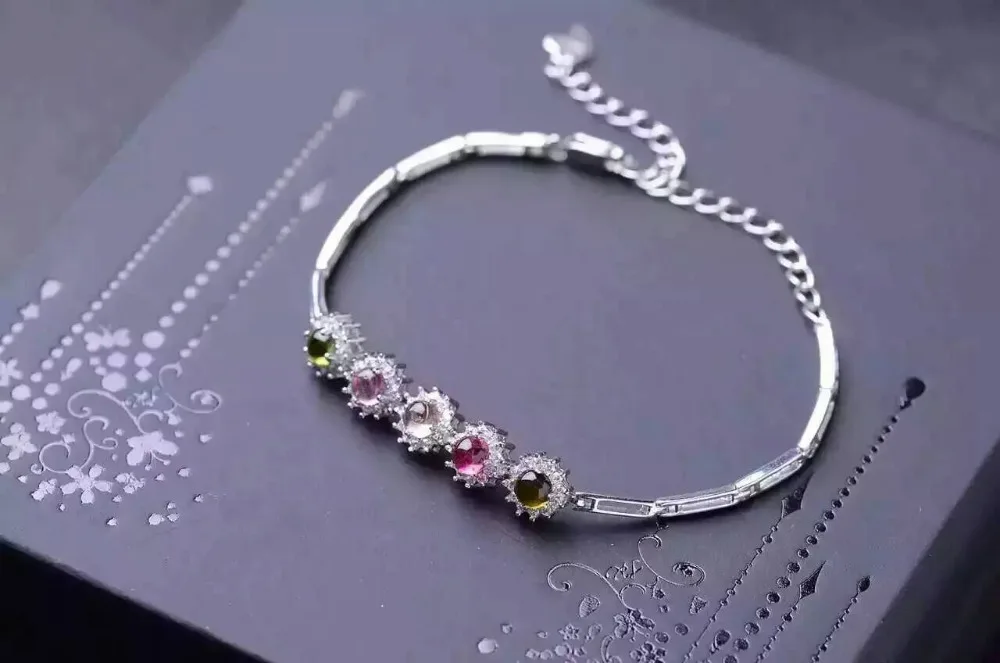 Bracelet en tourmaline naturelle multicolore Bracelet en pierres précieuses naturelles 925 bracelet