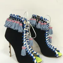 Весна Осень Внешней Торговли Из Натуральной Кожи на шнуровке Кисточкой Рыбы Рот выдалбливают Туфли на Высоких каблуках Женщины Лодыжки сапоги