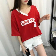Летняя новая футболка с v-образным вырезом и коротким рукавом, женские креативные женские футболки с буквенным принтом, корейский шик, Свободный Повседневный Топ m-xl