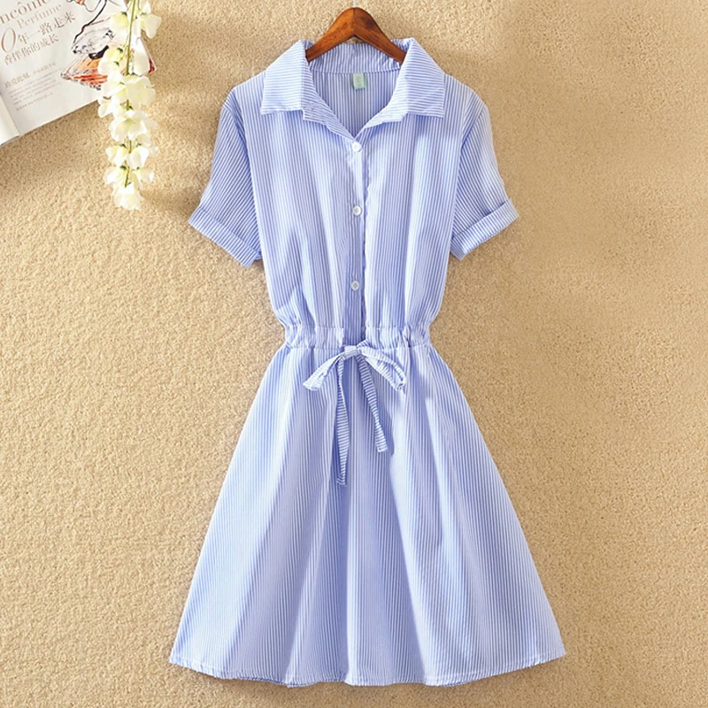 

2019 Summer Women Dress Blue Black Stripped Casual Office Shirt Dresses Elegant Tunic Turn Down Collar Mini Dress Short Sleeve