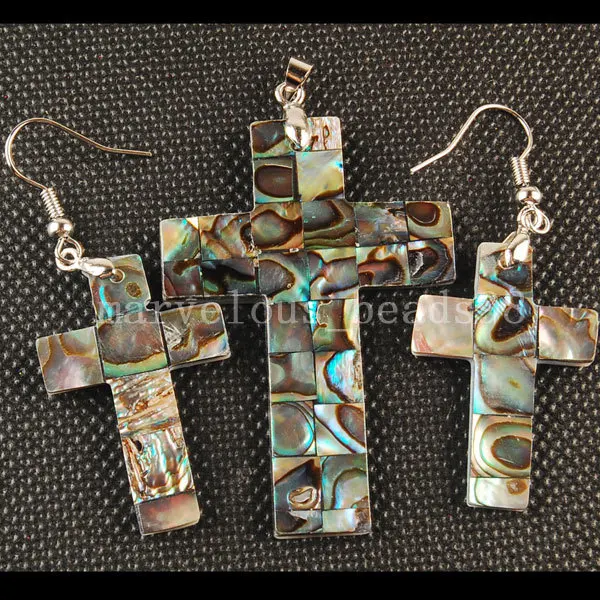 

Free shipping Fashion Jewelry New Zealand Abalone Shell Cross Dangle Earring Pendant Set MC3280