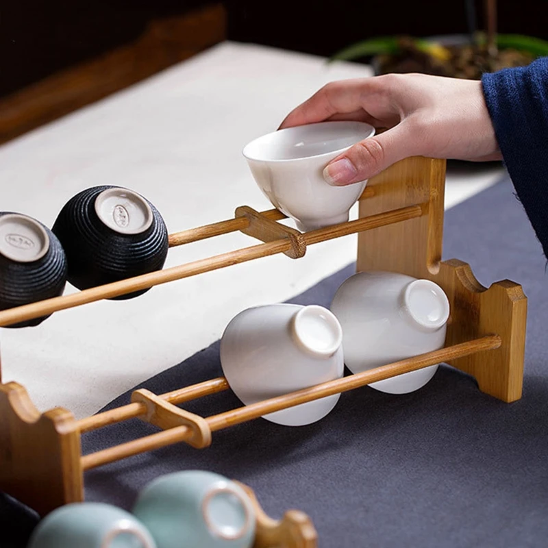 Natural Bamboo Tea Cup Holder Single Double Layer Stand Shelf Safe