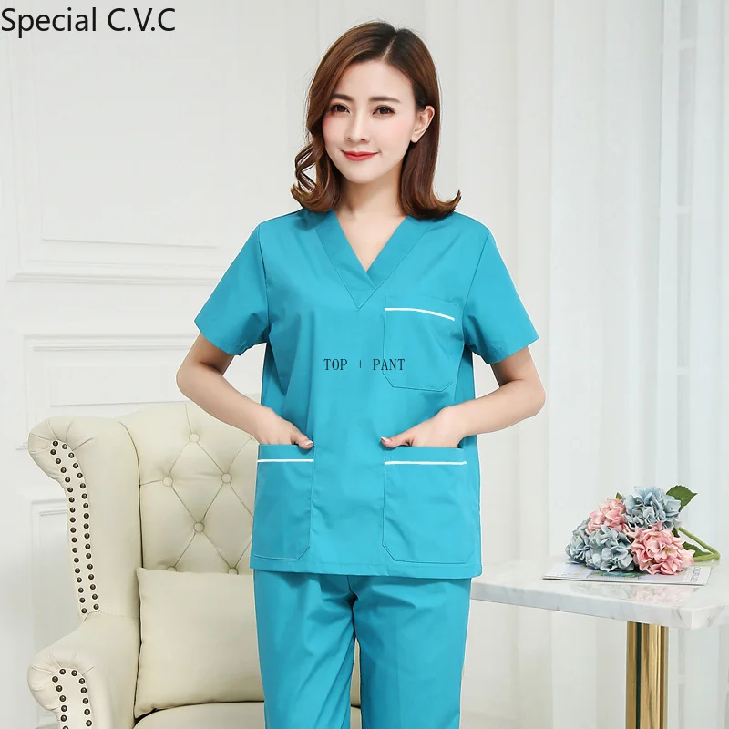Women's Fashion Scrub SET Color Blocking Design V Neck Shirt with Side Vent + Pants (pure Cotton/polyester Cotton)