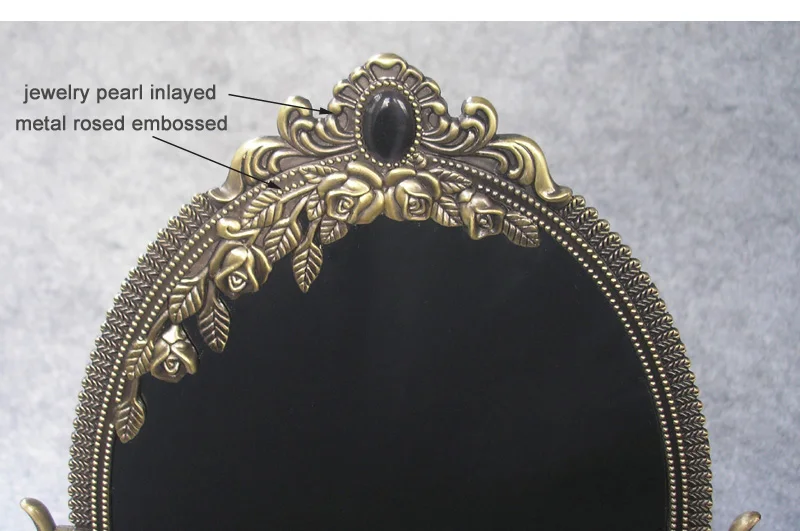 vintage embossed double face retro bronze alloy metal desktop makeup dresser decorative mirror embossed frame makeup tool 330B