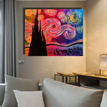 

hand painted Frameless Landscape Psychedelic Starry Night Oil Painting Canvas Wall Pictures for Living Room Home Decor Posters