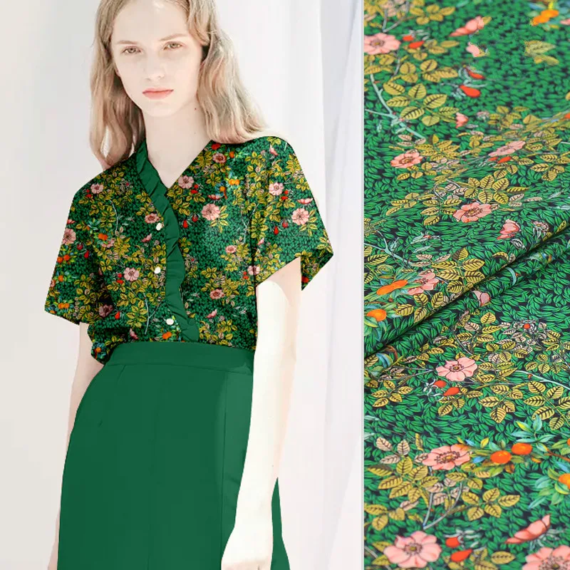 

Custom green silk crepe de Chine fabric 16mm rice inkjet silk fabric silkworm silk clothing fabric dress fabric 140cm wide