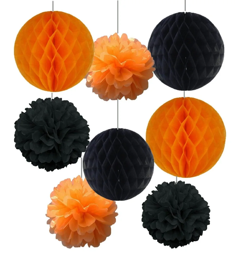 

8pcs 20cm/25cm Halloween Kit Decoration Tissue Paper Pom Poms Tissue Paper Honeycomb Balls Fluffy Flowers Festival Decoration