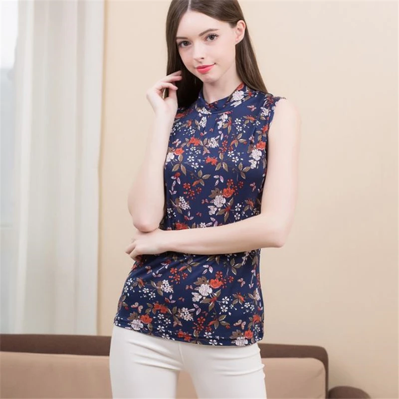 

Woman Summer Hot Sale Sleeveless Turtleneck Print 100% Silk Tops Female Hedging Slim Silk Tees Lady Spring Slim Silk Shirt