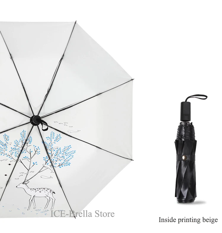 Мода Мультфильм Для женщин зонтик олень анти УФ черное покрытие Защита от солнца женские пляжные зонты три складной зонт от дождя Для женщин внутри - Цвет: inside print beige