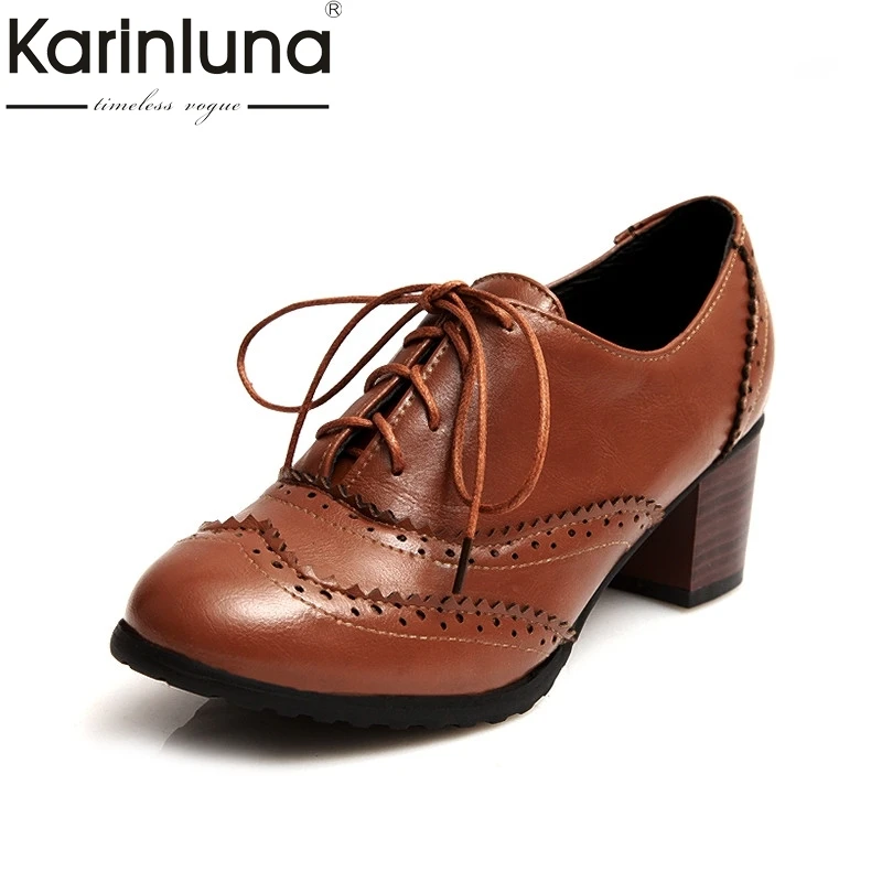 

KARINLUNA Retro British Style Large Size 34-43 Platform Women Shoes Woman Brogue Lace Up Square High Heels Lady Pumps