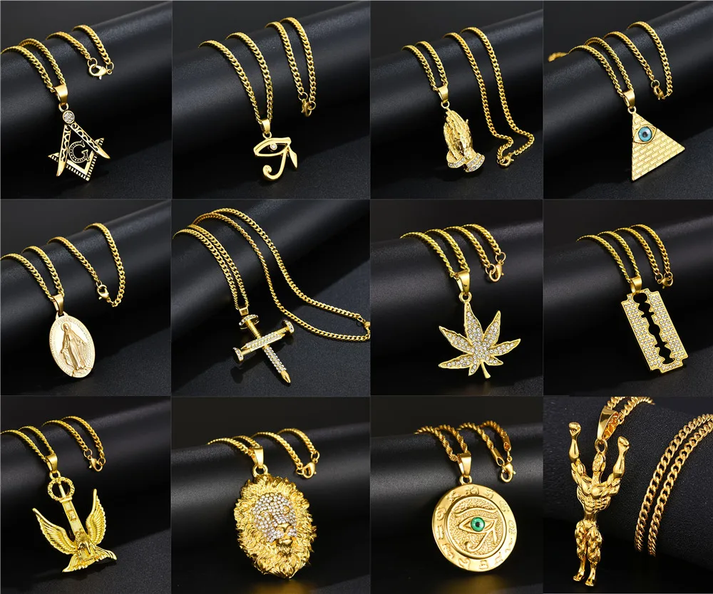 Ювелирные изделия в стиле хип-хоп для женщин и мужчин, Золотая длинная цепочка, ожерелье s, унисекс, хип-хоп, блестящий, для ногтей, головы льва, бритва, масонская подвеска, ожерелье, подарки