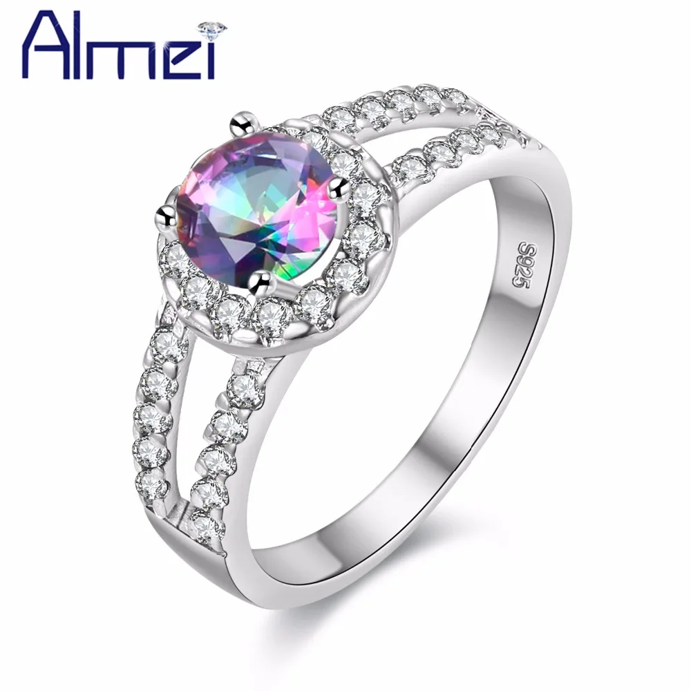 

Almei Ring Silver Color Fashion Crystal With White Big Stone Rainbow Mystic Rings For Women Bridal Wedding Jewelry Anillos J510