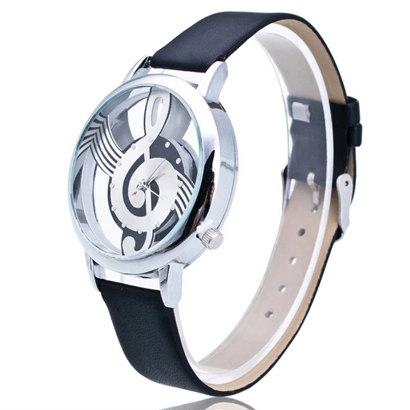 Shellhard Fashion PU Band Stainless Steel Analog Quartz Casual Watch Notation Hollow Music Men Women Wrist Watch Montre Femme