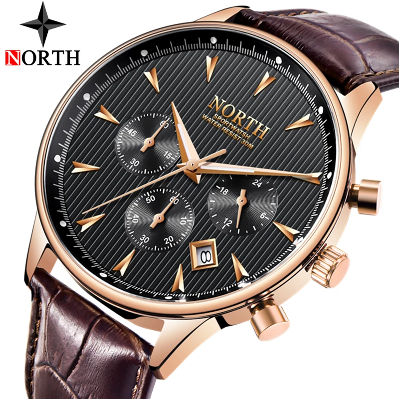 

NORTH Mens Watches Top Brand Luxury Gold Watch Men Fashion Leather Chronograph Quartz Watch Sport Casual Clock Relogio Masculino