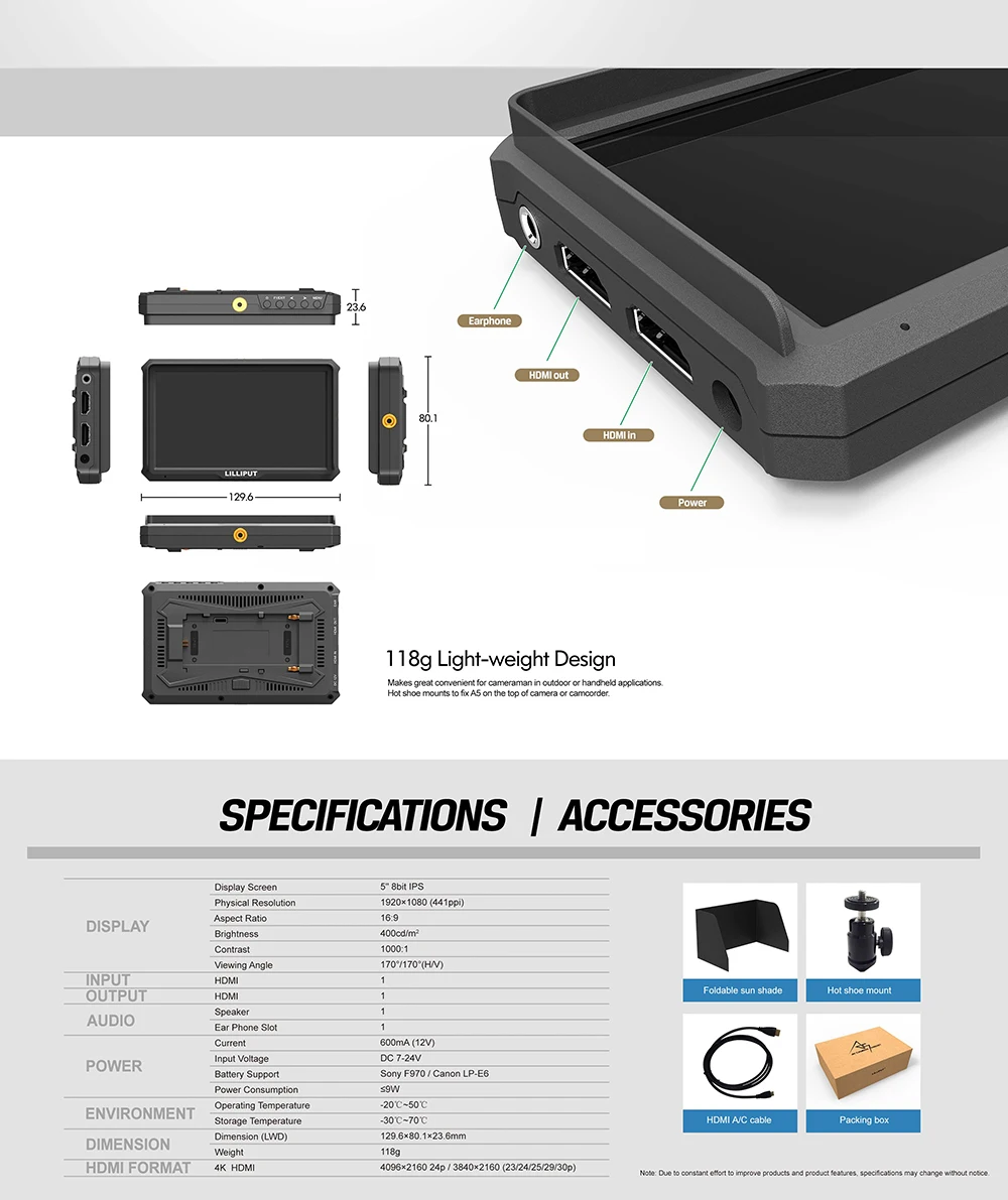 Lilliput A5 1920x1080 4K HDMI вход/выход вещания 5 дюймов камера/видео полевой монитор для Canon Nikon sony Zhiyun Gimbal smooth 4