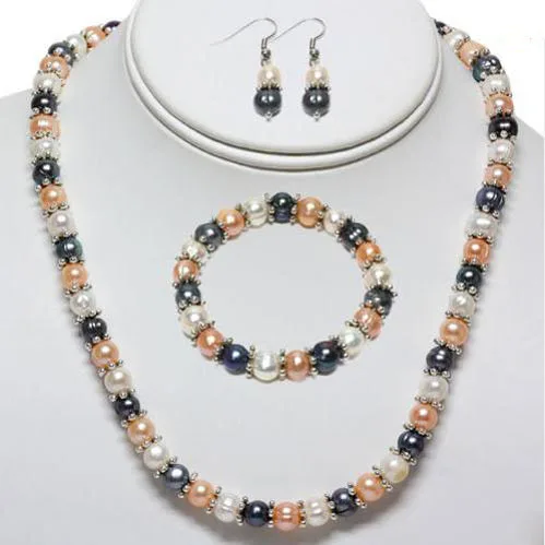 New Arriver Real Pearl Jewellery Set,Multicolor Genuine 8-9mm Freshwater Pearl Necklace Bracelet Earrings Tibet Silver Jewelry