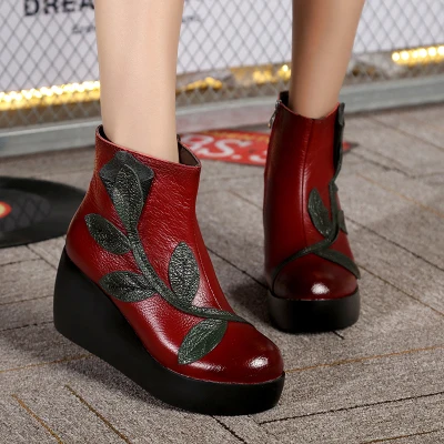 GKTINOO/ботильоны в этническом стиле; обувь из натуральной кожи; винтажная женская обувь для мам; женские ботинки ручной работы в стиле ретро - Цвет: Красный