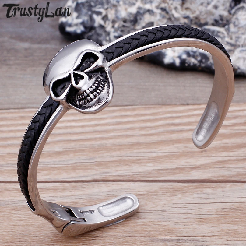 

Braided Black Leather Skull Bangle Cuff Bracelets Men Punk Rocker Stainless Steel Jewellery Strength Wristband Unique Men's Gift