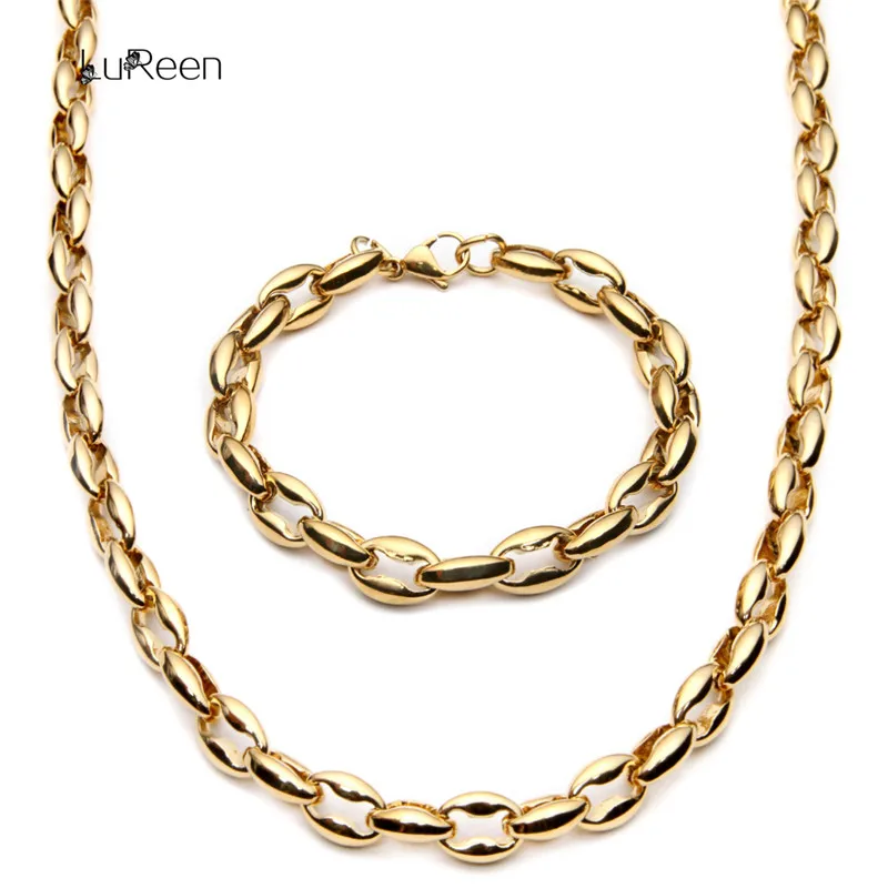 

LuReen Hiphop 9MM Gold Titanium Steel Coffee Bean Link Chain Necklace Hiphop Mens Long Necklace Chain Biker Jewelry LN0210