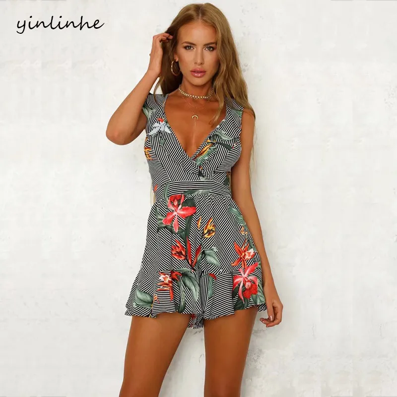 yinlinhe Floral striped Playsuit Women Sleeveless V neck Sexy Summer Playsuit bow Tie Elegant Backless Jumpsuit Overalls    3