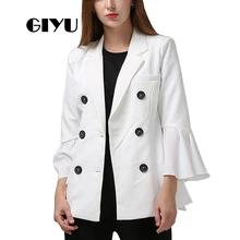 GIYU Autumn Women Flare Sleeve Blazer White Black Jackets Pockets Office Lady Buttons Casual camiseta mujer