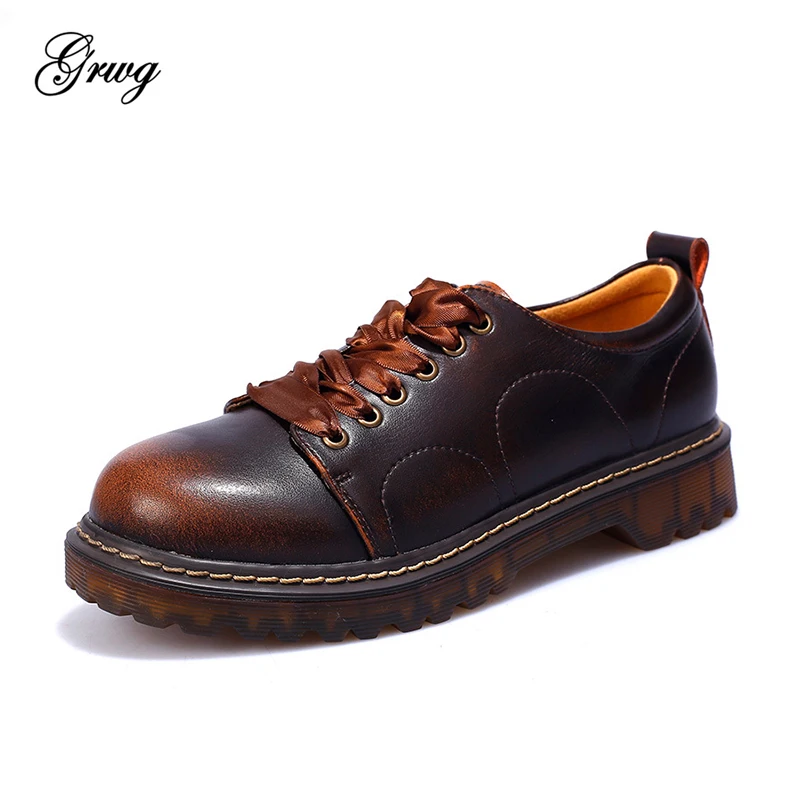 GRWG Women's Flats Oxford Shoes Woman Genuine Leather Sneakers Ladies Brogues Vintage Casual Oxfords Shoes For Women Footwear