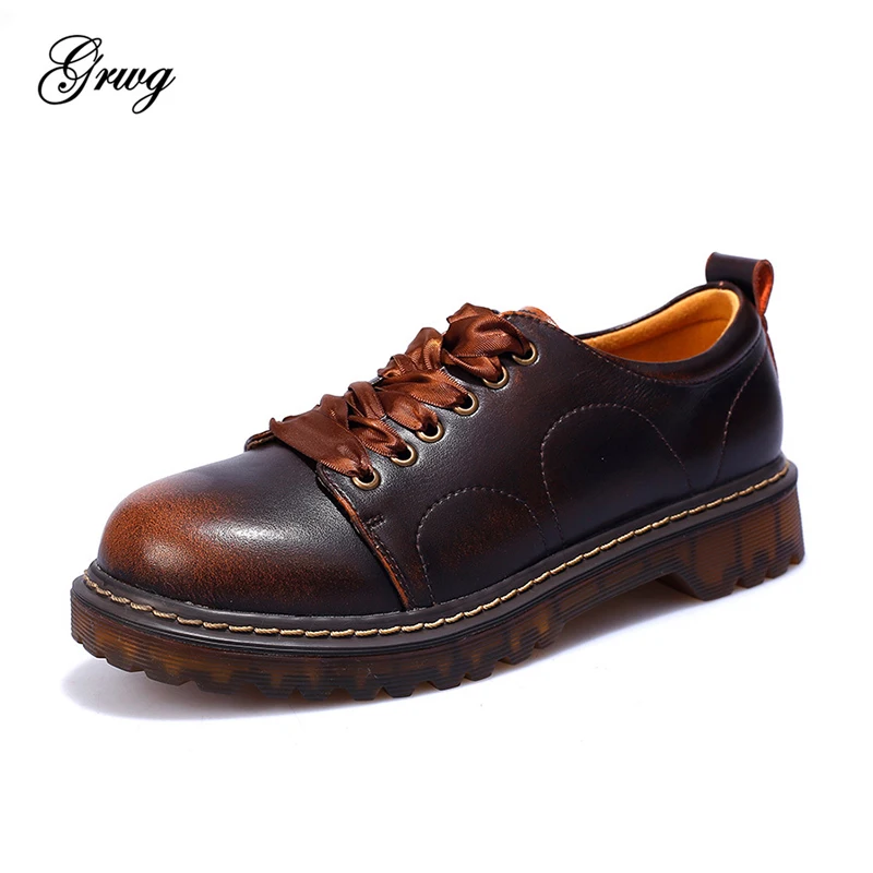 

GRWG Women's Flats Oxford Shoes Woman Genuine Leather Sneakers Ladies Brogues Vintage Casual Oxfords Shoes For Women Footwear
