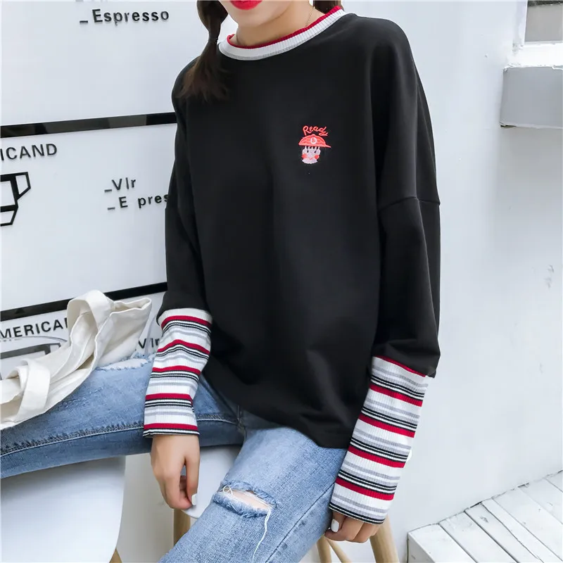 korean Autumn Harajuku long Sleeve Loose Tops tee Stripe black T-shirt Female fashion women Patchwork cartoon Embroidery T shirt