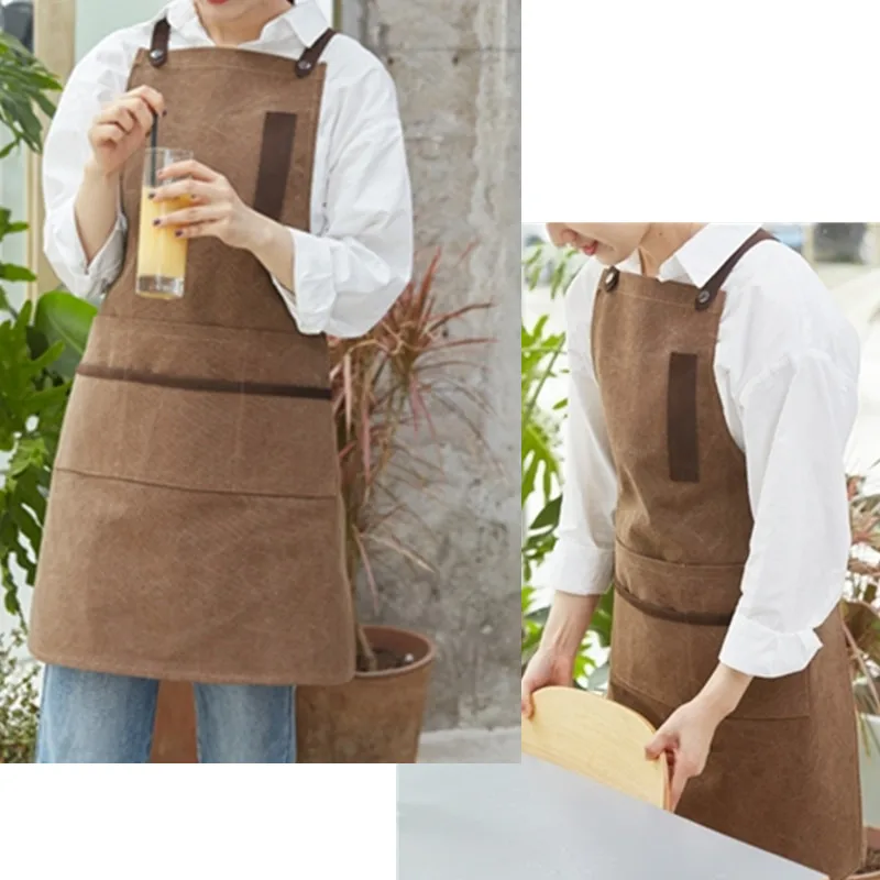 Gray Coffee Washed Canvas Apron Cotton Leather Straps E11-11