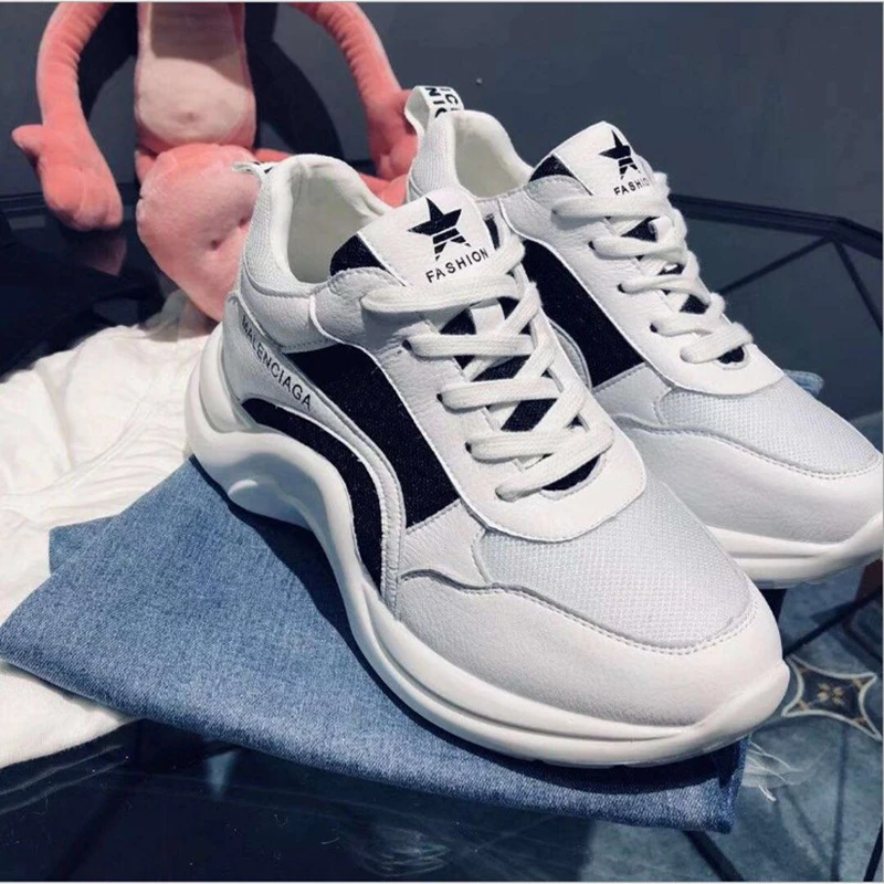

Jookrrix 2018 Spring Fashion Brand Lady Leisure White Shoe Women Sneaker Cross-tied Genuine Leather Good Quality Heighten Shoes