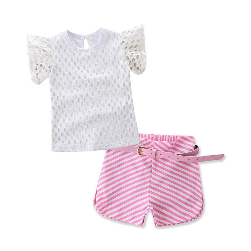 Big Cow Baby Girls Clothes 3PCS Set Cute Summer Kids Short Sleeve Lace Shirt+Striped Shorts+Belt Outfits Children Clothing Set (12)