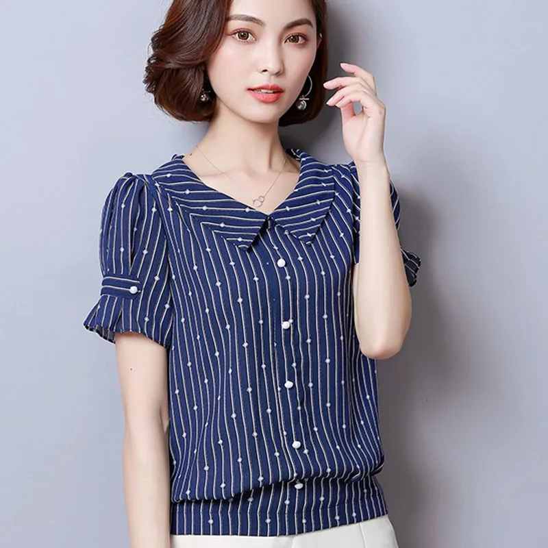 

Women Spring Summer Style Chiffon Blouses Shirts Lady Casual Short Lantern Sleeve Peter pan Collar Blusas Tops DD1871