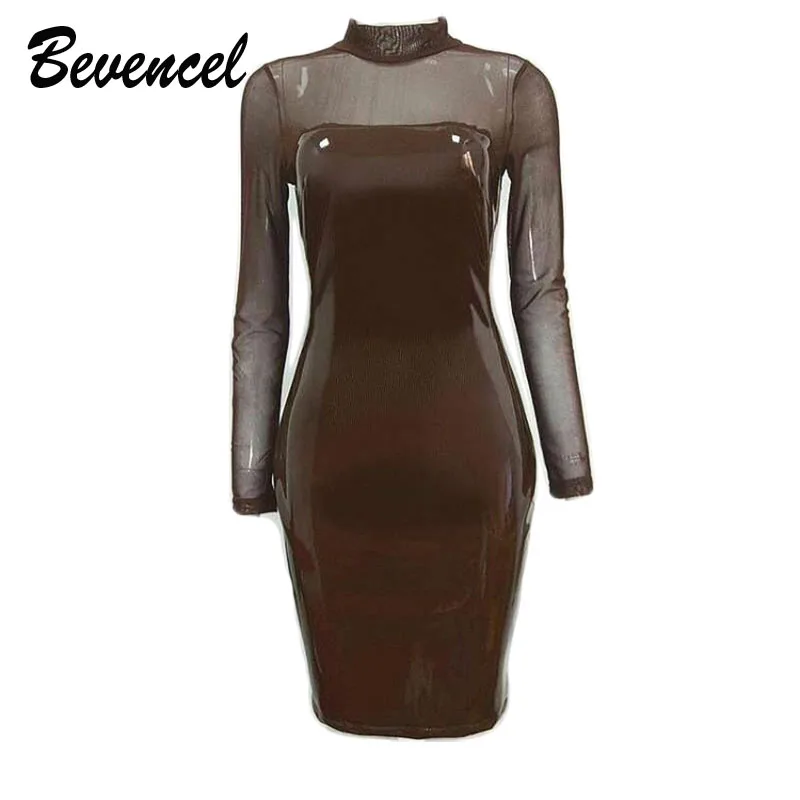Wholesale 2017 New Women Sexy Leather Dresses Mesh Long Sleeves O Neck Mesh Patchwork Celebrity Party PU Leather Dresses Buy Cheap 2017 New Women Sexy Leather Dresses Mesh Long Sleeves O Neck Mesh Patchwork Celebrity Party PU Leather Dresses