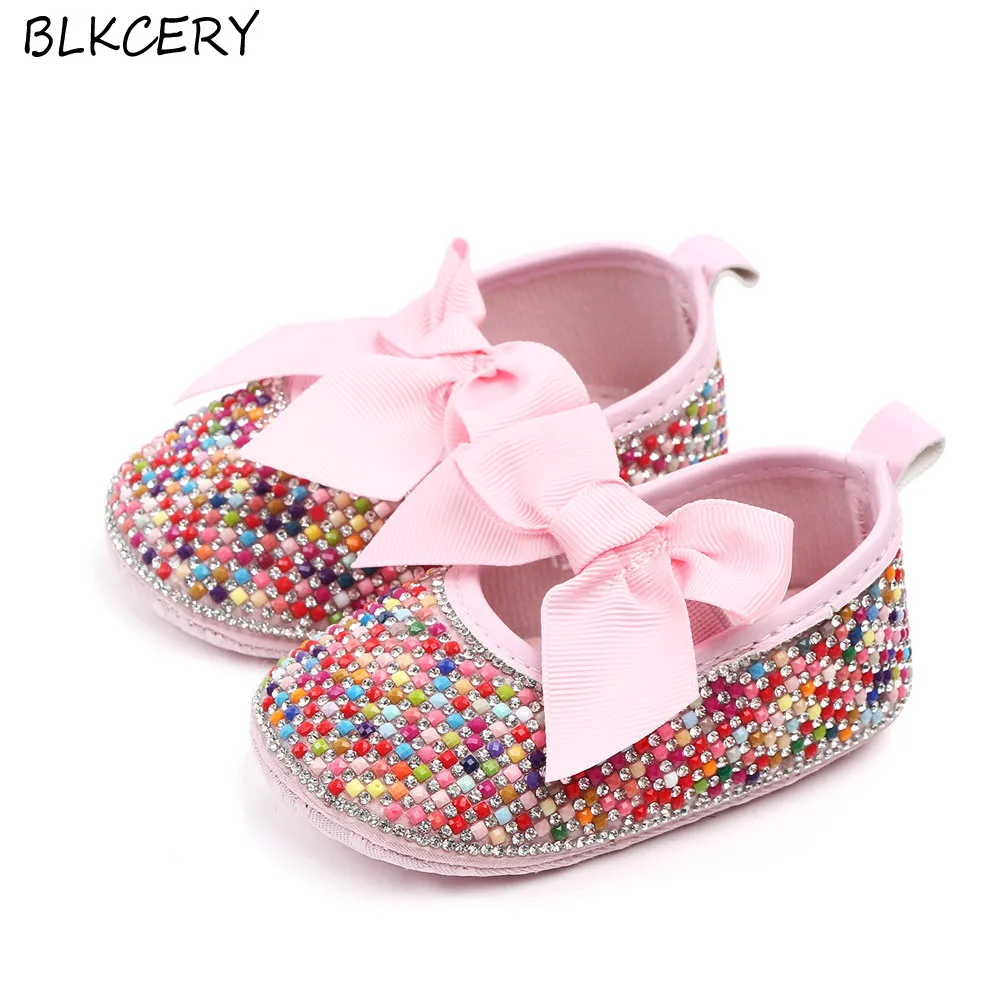 

Famous Brand Baby Girl Shoes Pink Bling Rhinestone Newborn Infant Footwear Toddler Mary Jane Flats for 1 Year Christian Gifts