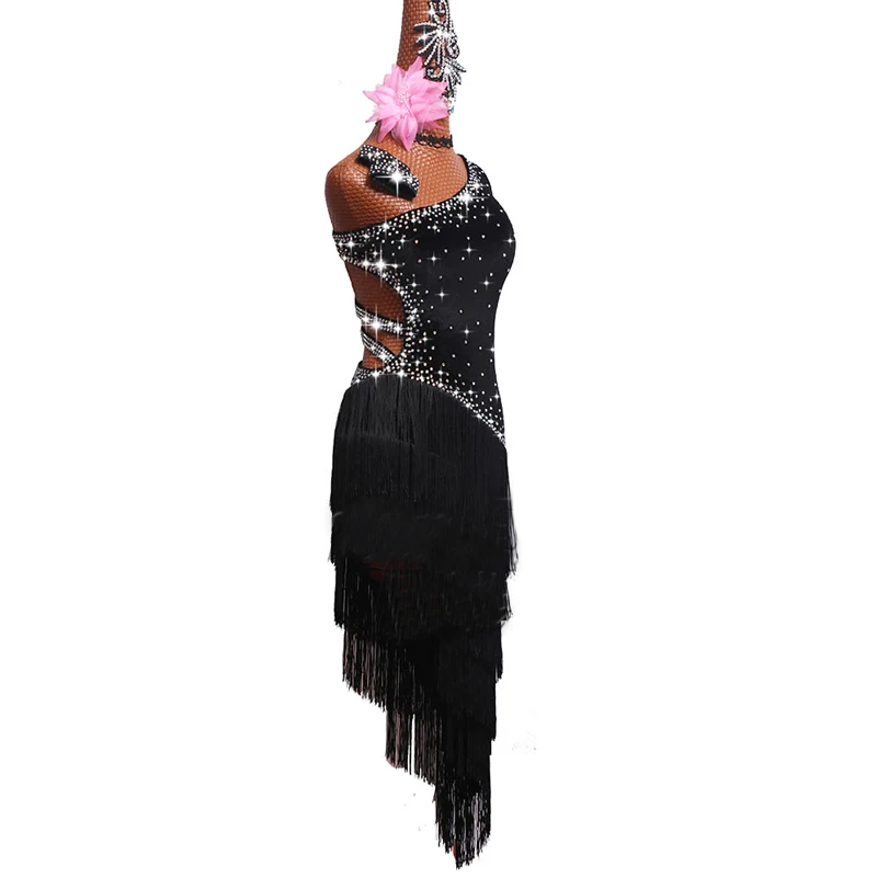 Платья для латинских танцев для женщин, черная бахрома, блестящие стразы, открытая спина, танго, сальса, Бальные соревнования, костюмы для латинских танцев BL1279