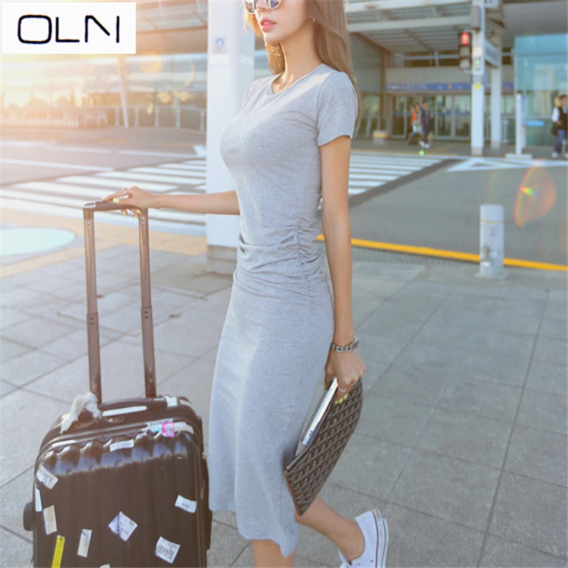 Vestidos платье OLN новый корейский темперамент длинный отрезок с коротким рукавом