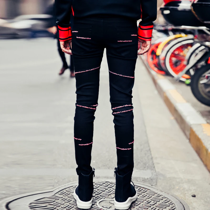 Vellsar High Street Fashion Вышивки Джинсовые Брюки Мужской Панк Хип Хоп 2017 Новый Slim Fit