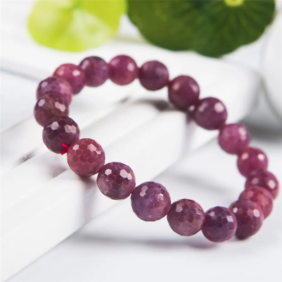 

10mm Rose Red Natural Ru by Bracelets For Women Men Stretch Crystal Round Bead Charming Faced Bead Natural Stone Bracelet