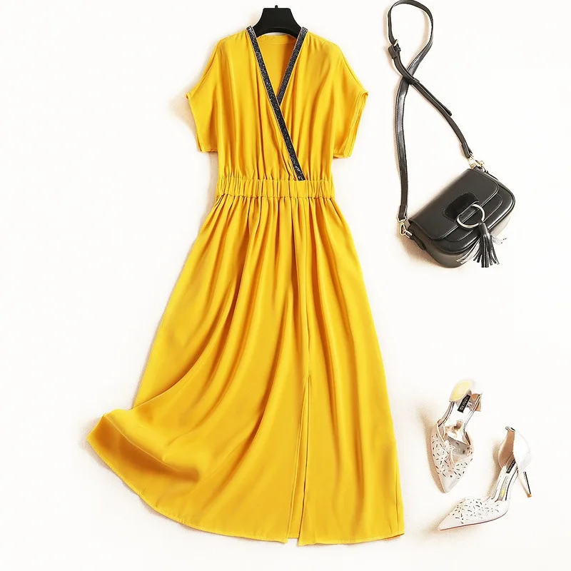 

2019 Summer New Style Women Batwing Sleeve Slit Put on a Large Slim Waist Solid Color Woven Dress Female 51005