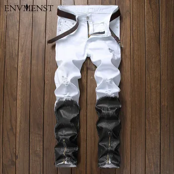 

Straight Paint Motorcycle jeans Fashion Men's printed jeans Famous brand Patchwork Hip hop Denim Pants color jeans hombre