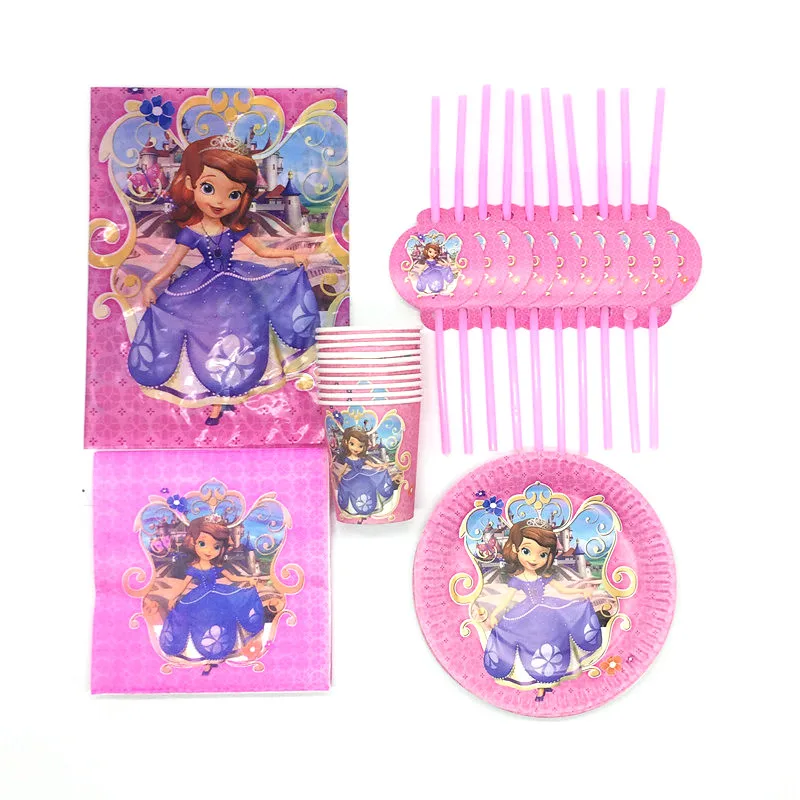 

81Pcs/Lot Disney Sofia The First Theme Tableware Pink Sofia Straws Kids Birthday Party Decoration For Event & Party Supplies