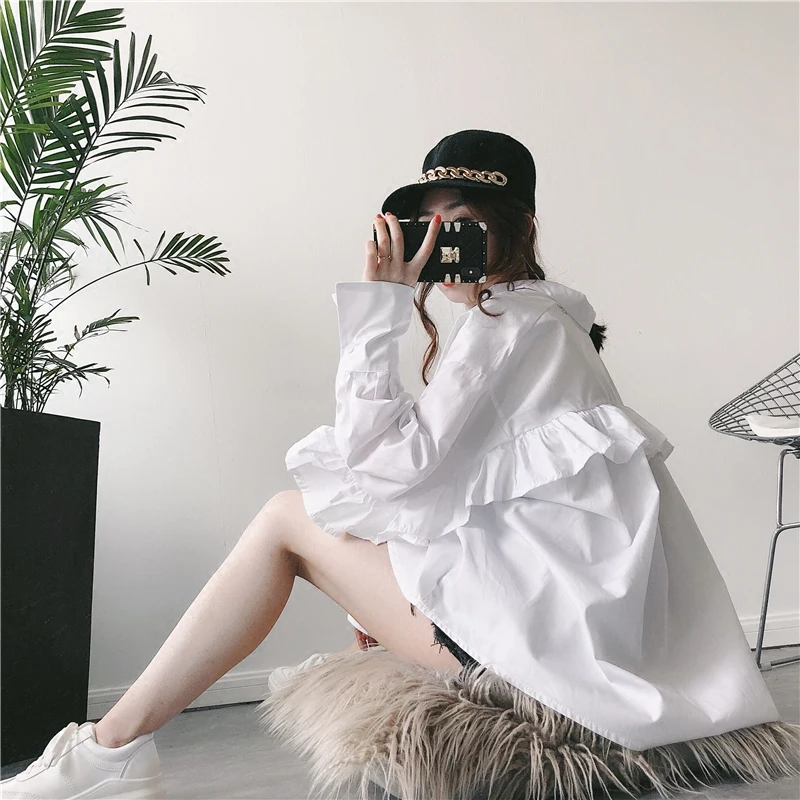 

2018 New Arrival Spring Sweet Style Temperament Loose Ruffles Medium-Long Blouse Women Petal Sleeve Garments T1804143