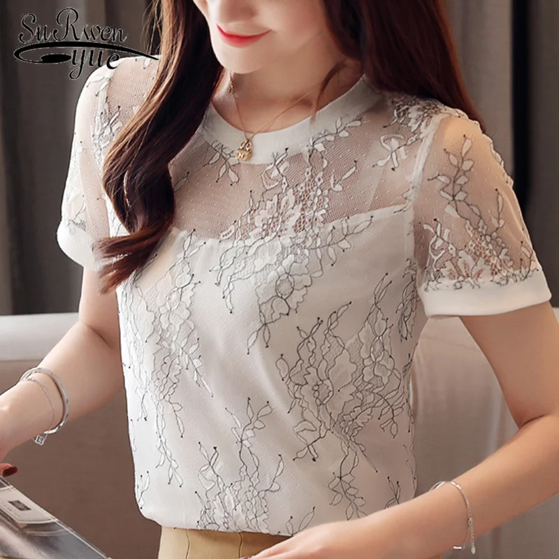 

blusas mujer de moda 2019 blouse women short sleeve hollow Mesh ladies tops summer women blouses womens tops and blouses 4360 50