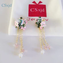 CSxjd эмалированные вишневые цветы голубые синицы сорока птица длинная секция кисточкой серьги женские модные серьги, фабричная цена