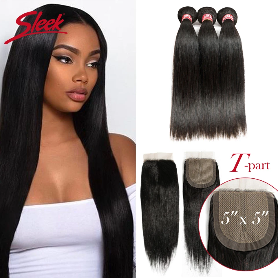 Sleek Brazilian Remy Straight Human Hair Weave Bundles With Closure 5*5